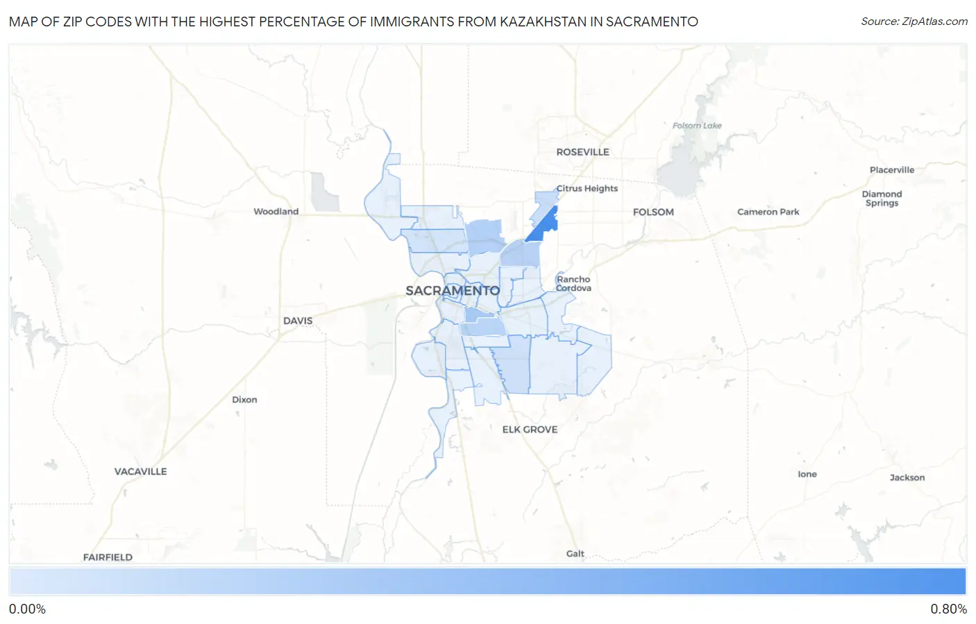Zip Codes with the Highest Percentage of Immigrants from Kazakhstan in Sacramento Map