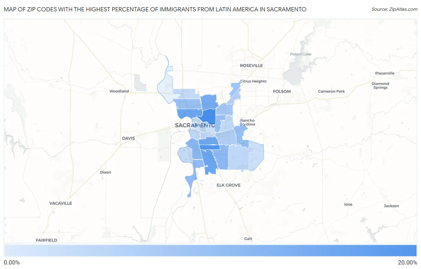 Zip Codes with the Highest Percentage of Immigrants from Latin America in Sacramento Map