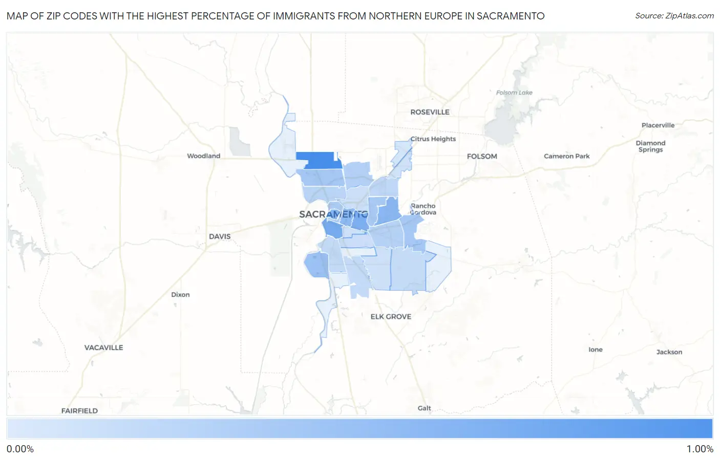 Zip Codes with the Highest Percentage of Immigrants from Northern Europe in Sacramento Map