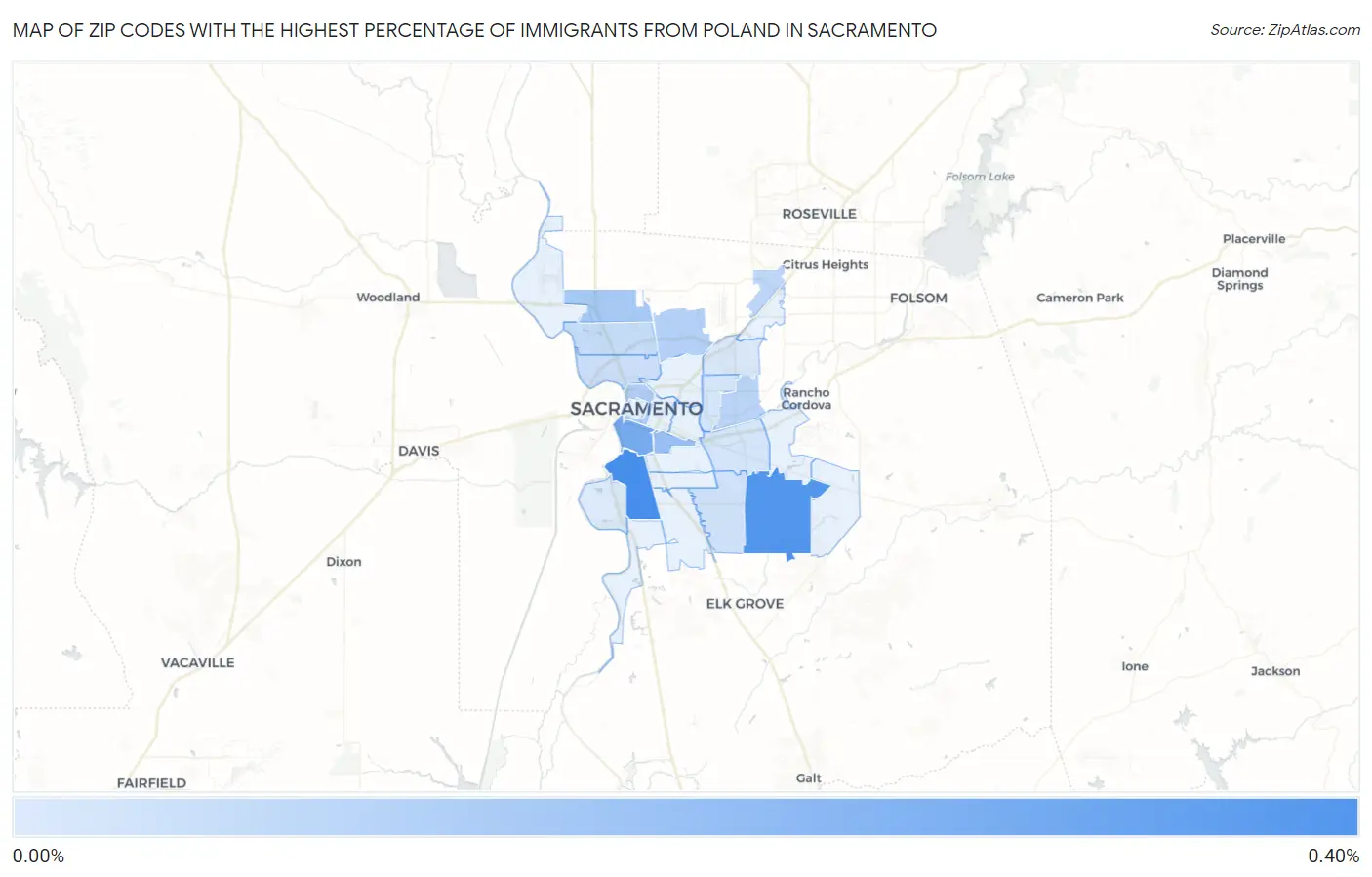 Zip Codes with the Highest Percentage of Immigrants from Poland in Sacramento Map