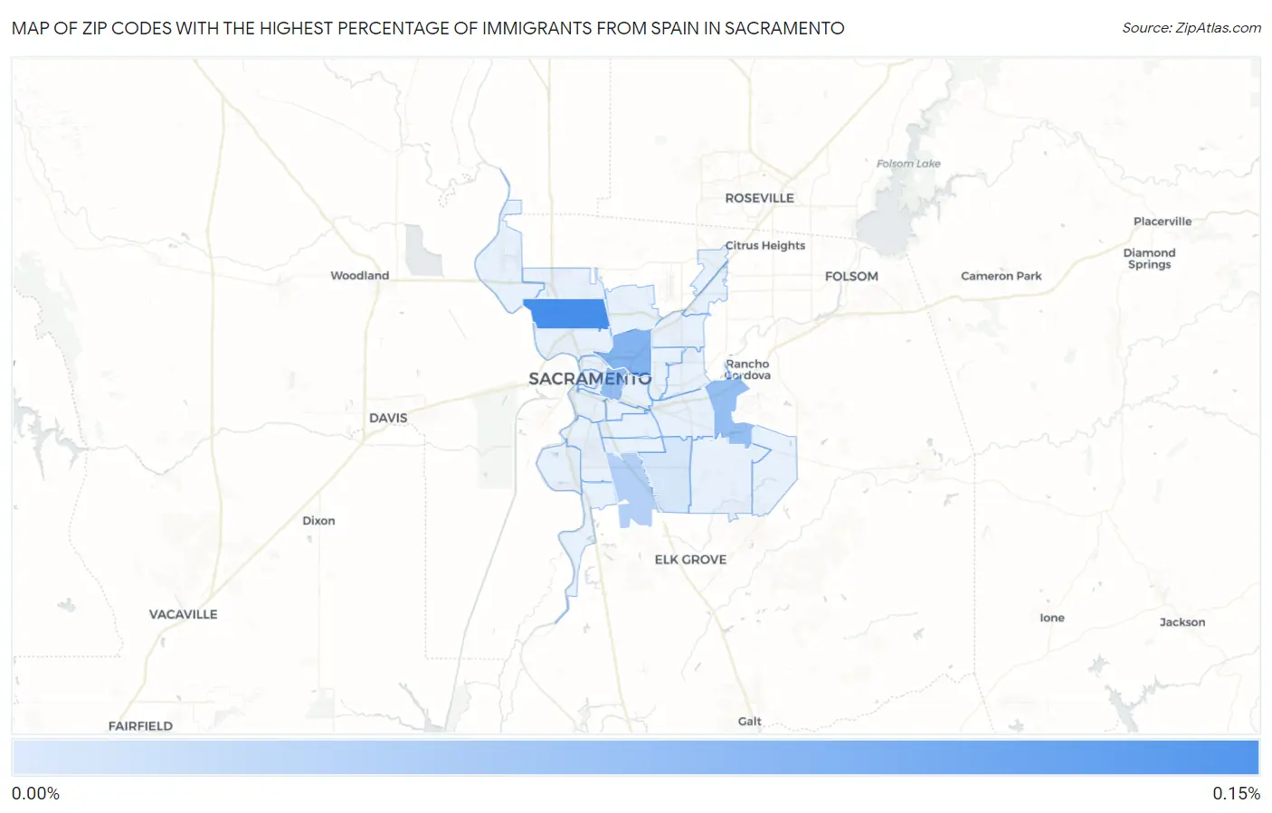 Zip Codes with the Highest Percentage of Immigrants from Spain in Sacramento Map