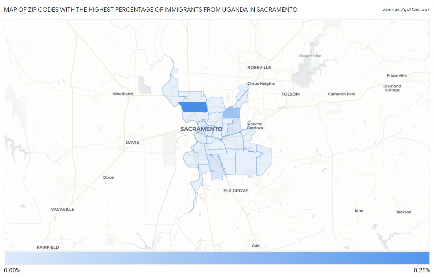 Zip Codes with the Highest Percentage of Immigrants from Uganda in Sacramento Map