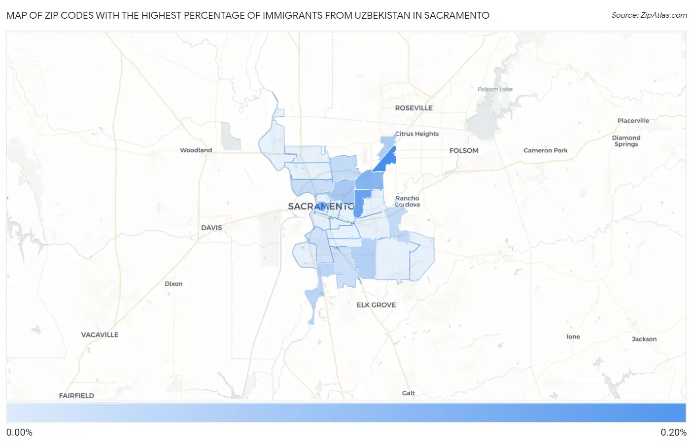 Zip Codes with the Highest Percentage of Immigrants from Uzbekistan in Sacramento Map