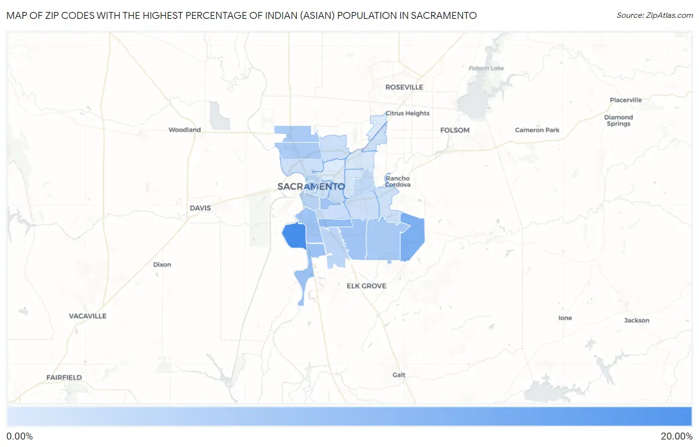 Zip Codes with the Highest Percentage of Indian (Asian) Population in Sacramento Map