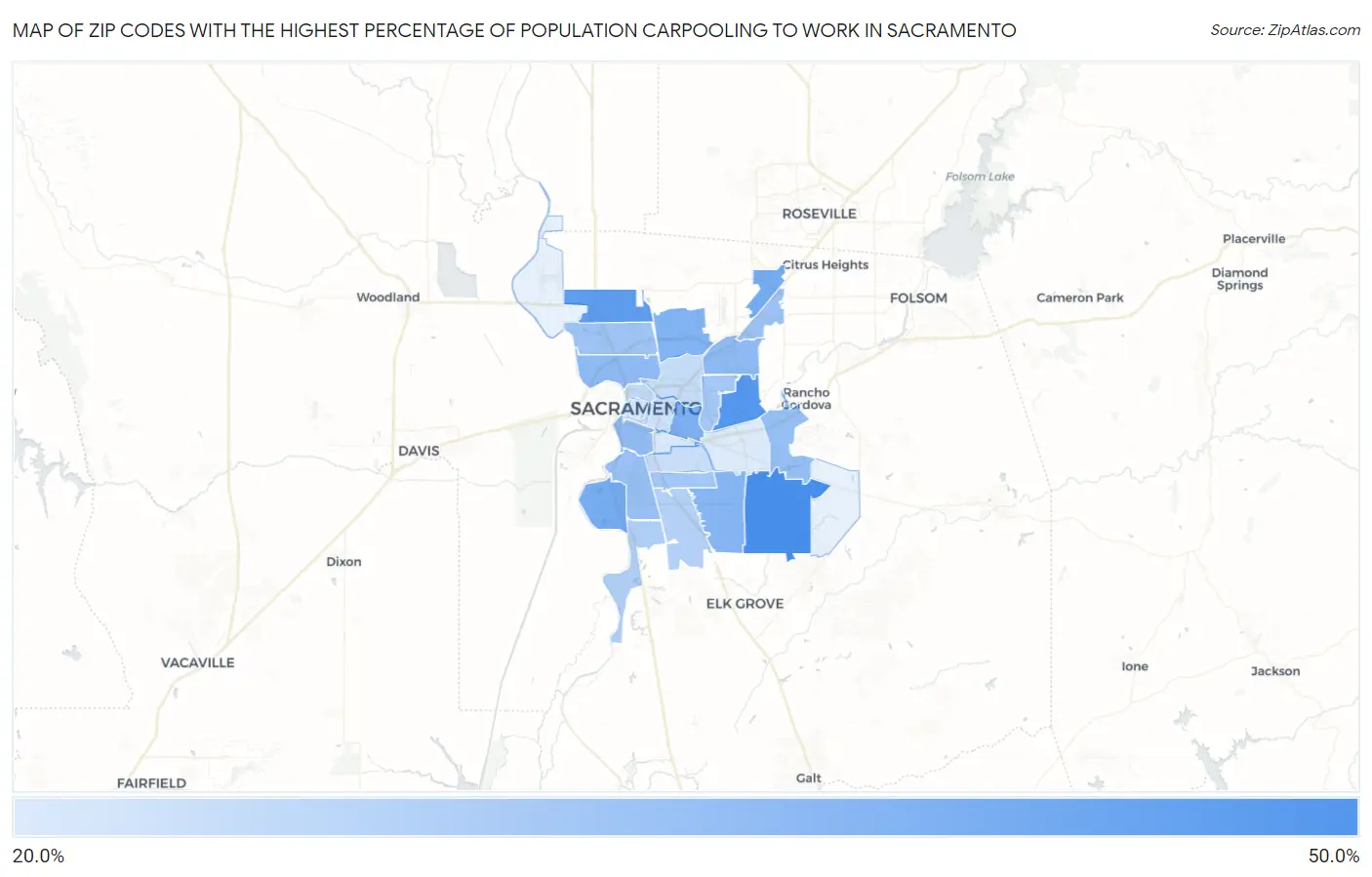 Zip Codes with the Highest Percentage of Population Carpooling to Work in Sacramento Map