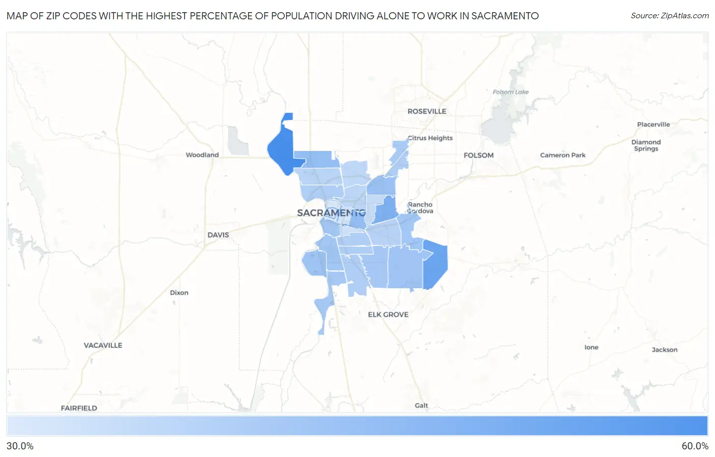 Zip Codes with the Highest Percentage of Population Driving Alone to Work in Sacramento Map