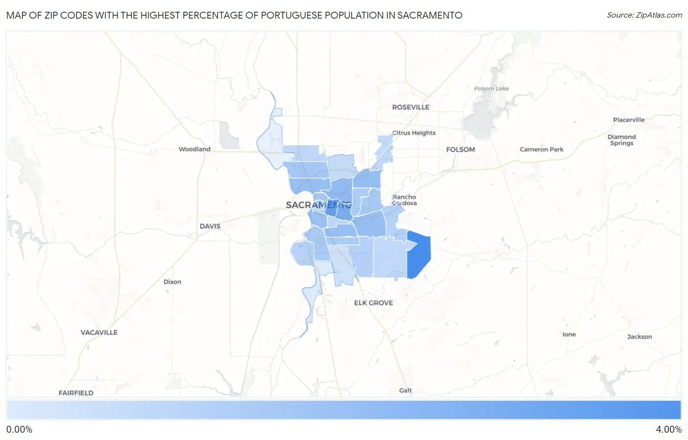 Zip Codes with the Highest Percentage of Portuguese Population in Sacramento Map