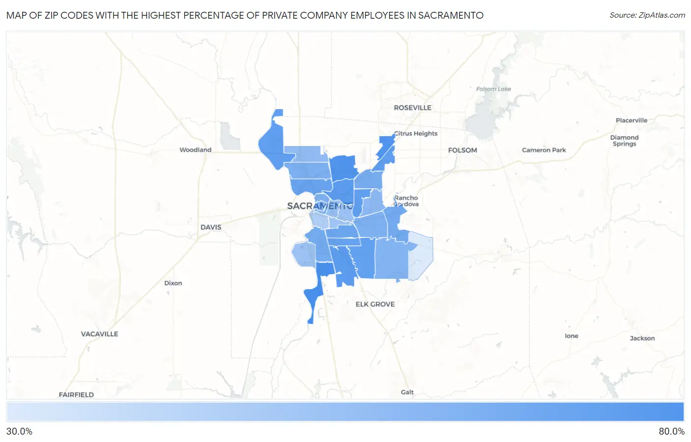 Zip Codes with the Highest Percentage of Private Company Employees in Sacramento Map