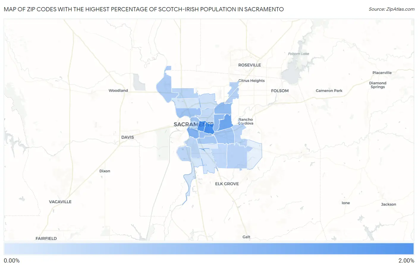 Zip Codes with the Highest Percentage of Scotch-Irish Population in Sacramento Map