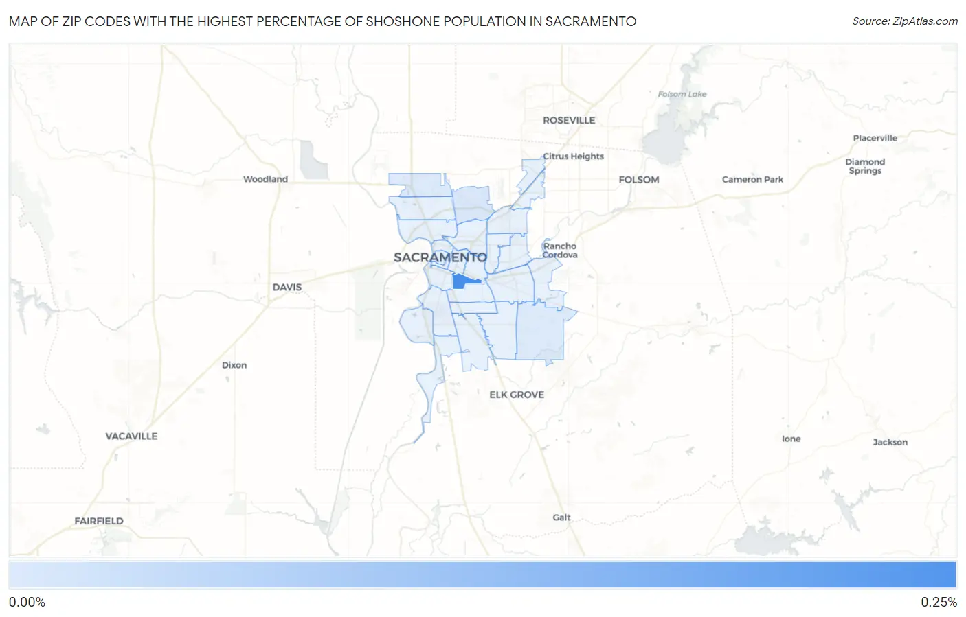 Zip Codes with the Highest Percentage of Shoshone Population in Sacramento Map