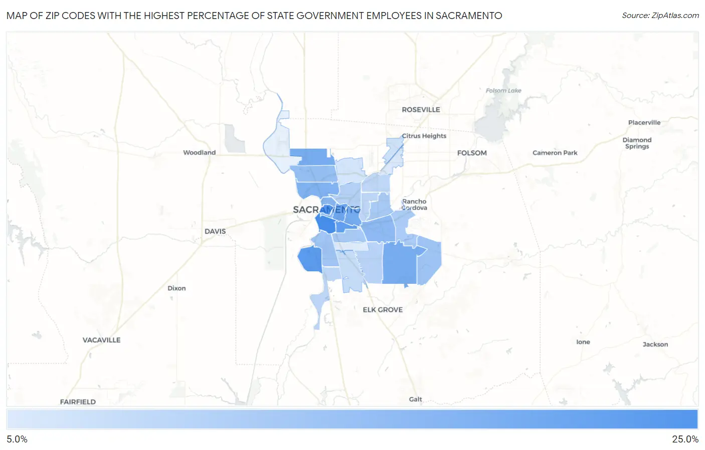 Zip Codes with the Highest Percentage of State Government Employees in Sacramento Map