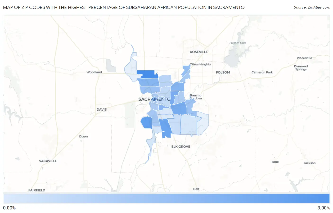 Zip Codes with the Highest Percentage of Subsaharan African Population in Sacramento Map