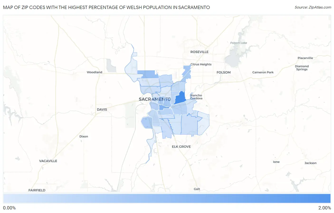 Zip Codes with the Highest Percentage of Welsh Population in Sacramento Map