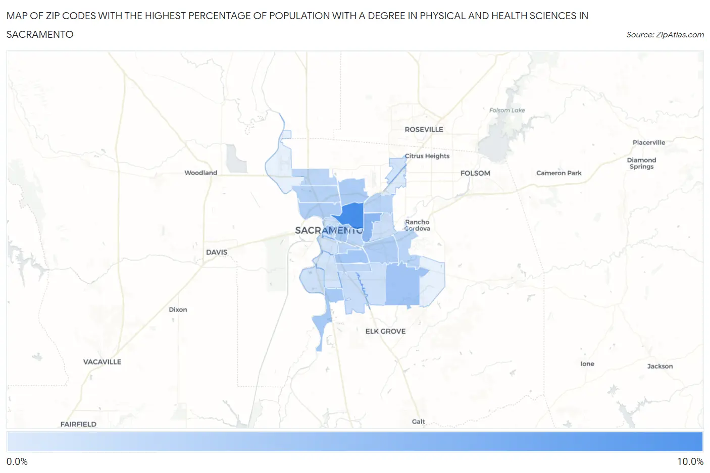 Zip Codes with the Highest Percentage of Population with a Degree in Physical and Health Sciences in Sacramento Map