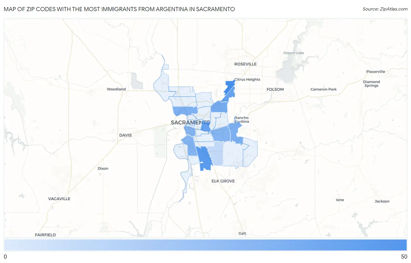 Zip Codes with the Most Immigrants from Argentina in Sacramento Map