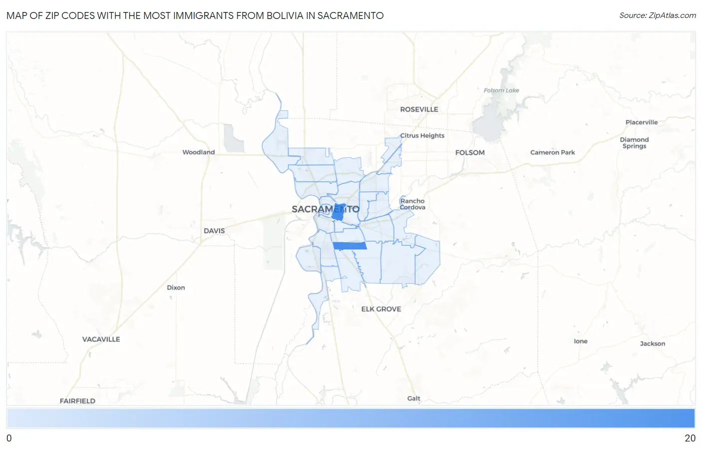 Zip Codes with the Most Immigrants from Bolivia in Sacramento Map