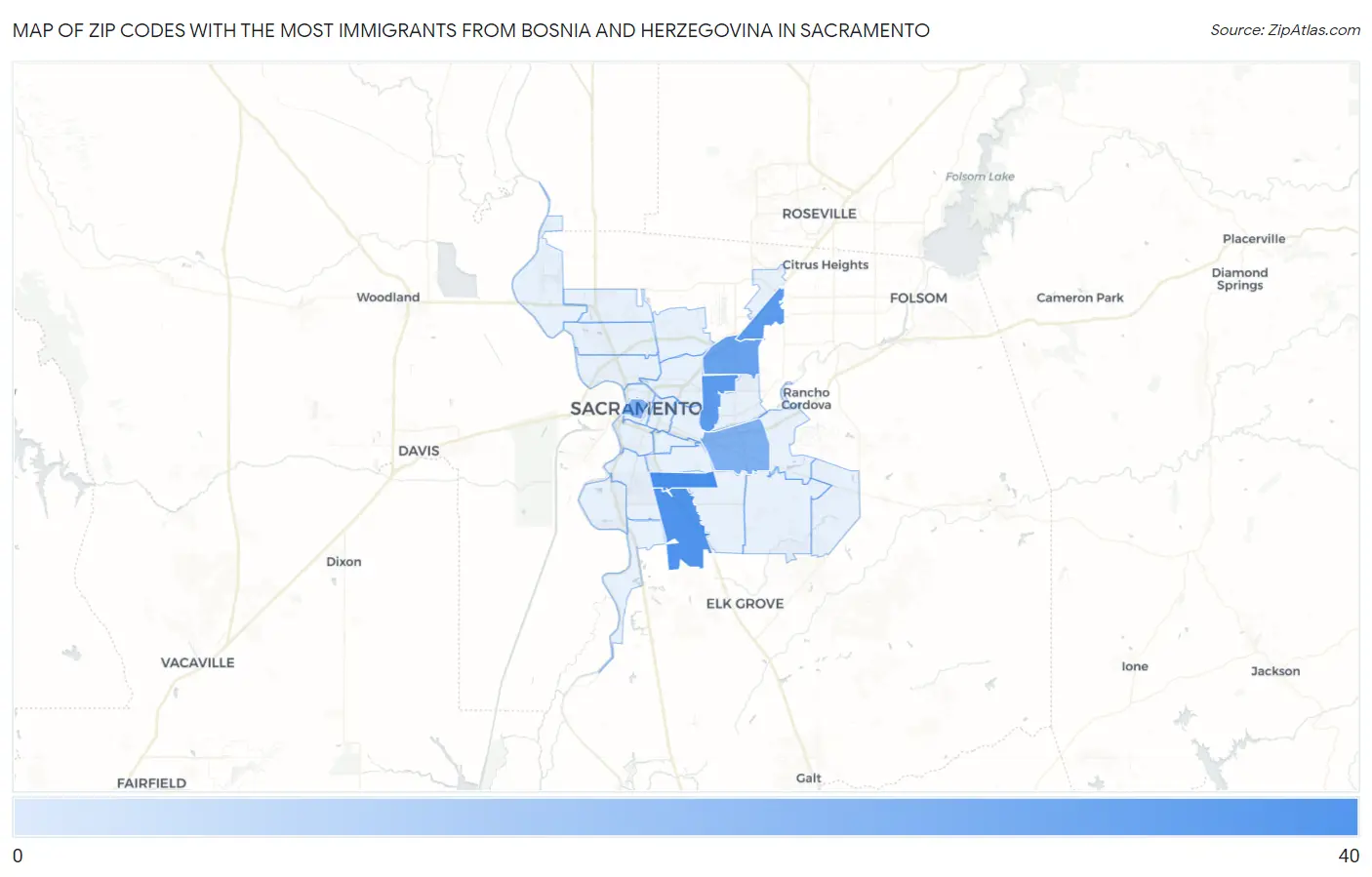 Zip Codes with the Most Immigrants from Bosnia and Herzegovina in Sacramento Map