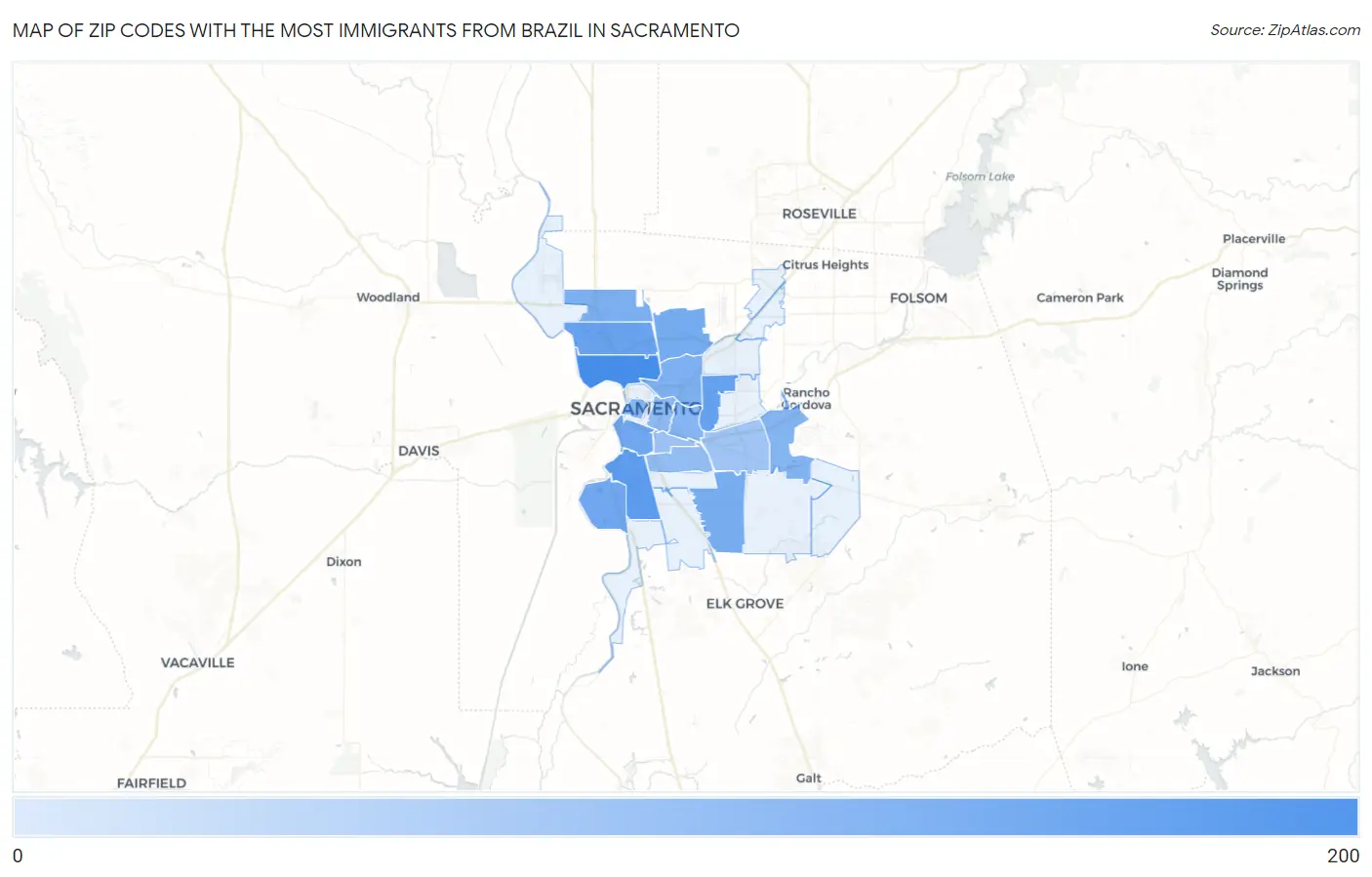 Zip Codes with the Most Immigrants from Brazil in Sacramento Map