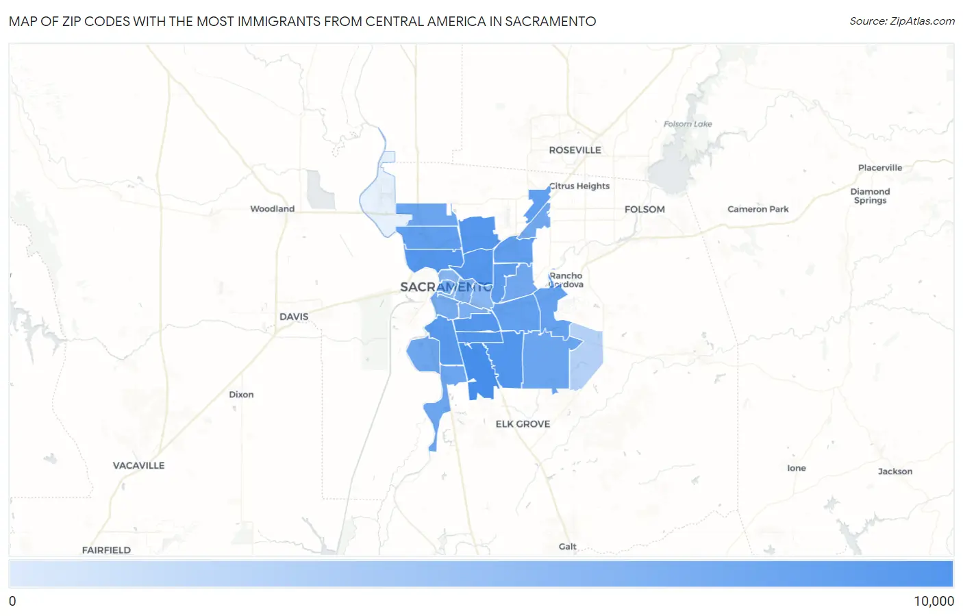 Zip Codes with the Most Immigrants from Central America in Sacramento Map
