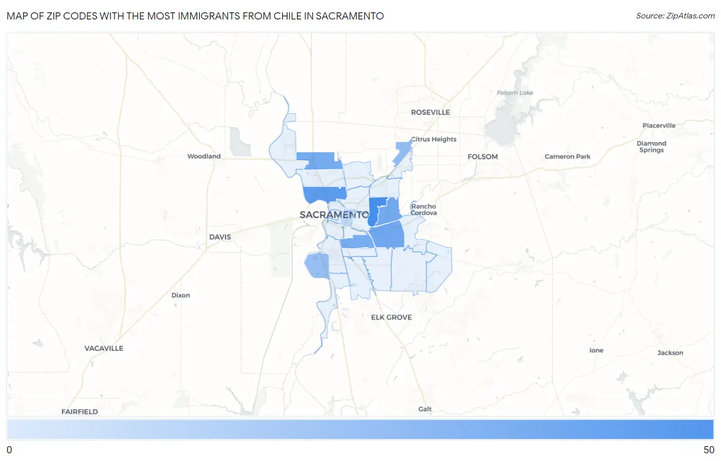 Zip Codes with the Most Immigrants from Chile in Sacramento Map