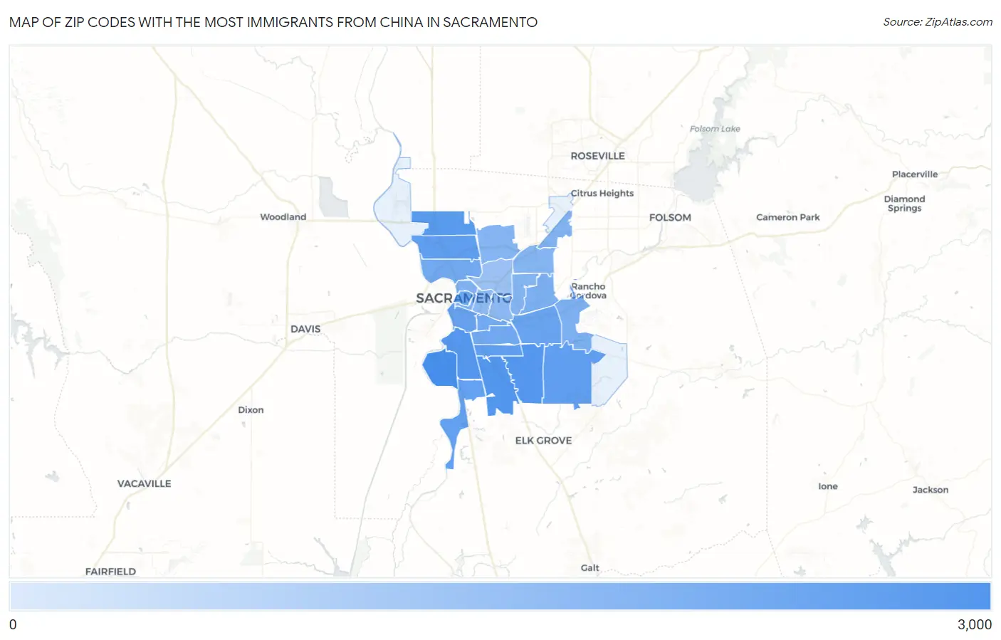Zip Codes with the Most Immigrants from China in Sacramento Map