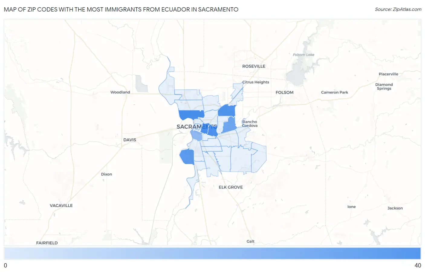 Zip Codes with the Most Immigrants from Ecuador in Sacramento Map