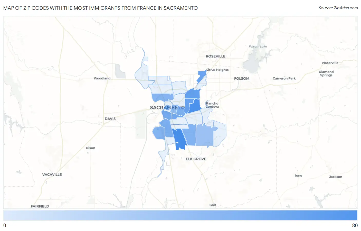 Zip Codes with the Most Immigrants from France in Sacramento Map