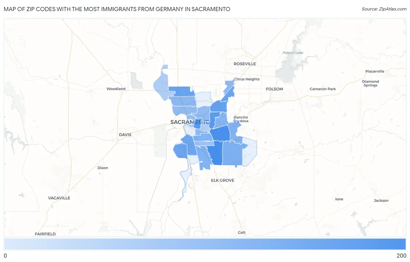 Zip Codes with the Most Immigrants from Germany in Sacramento Map