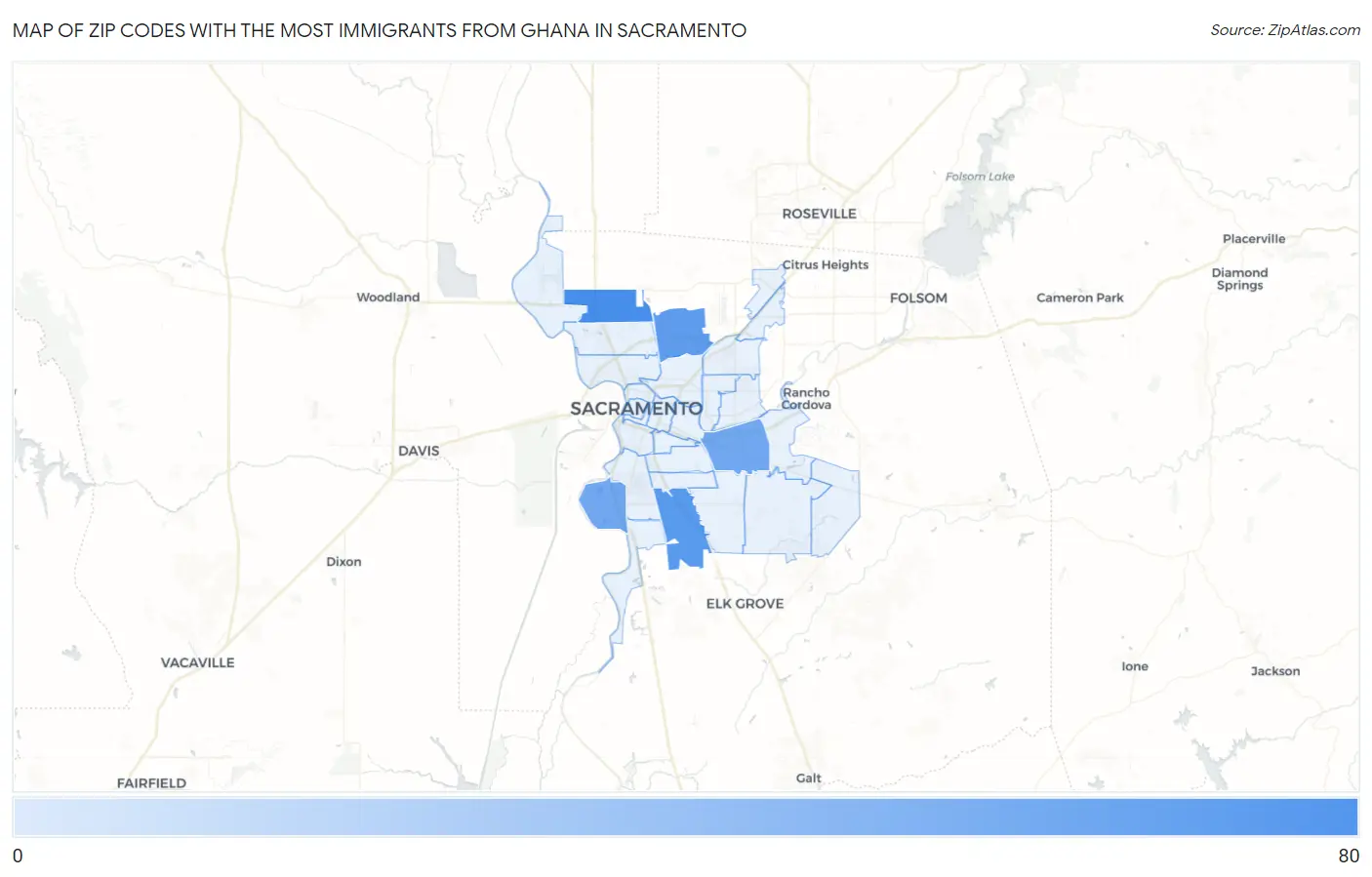 Zip Codes with the Most Immigrants from Ghana in Sacramento Map