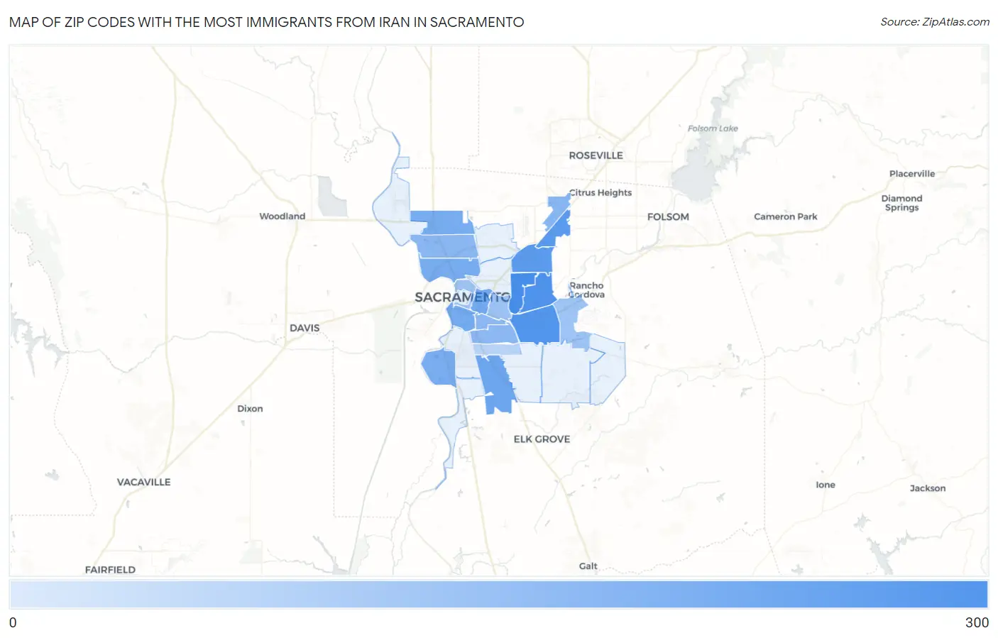 Zip Codes with the Most Immigrants from Iran in Sacramento Map