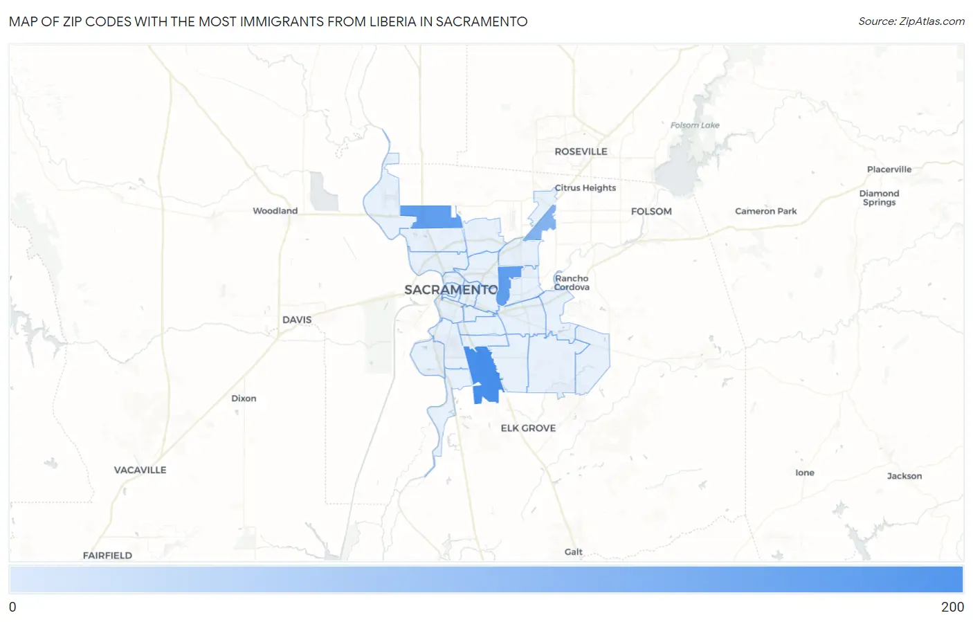 Zip Codes with the Most Immigrants from Liberia in Sacramento Map
