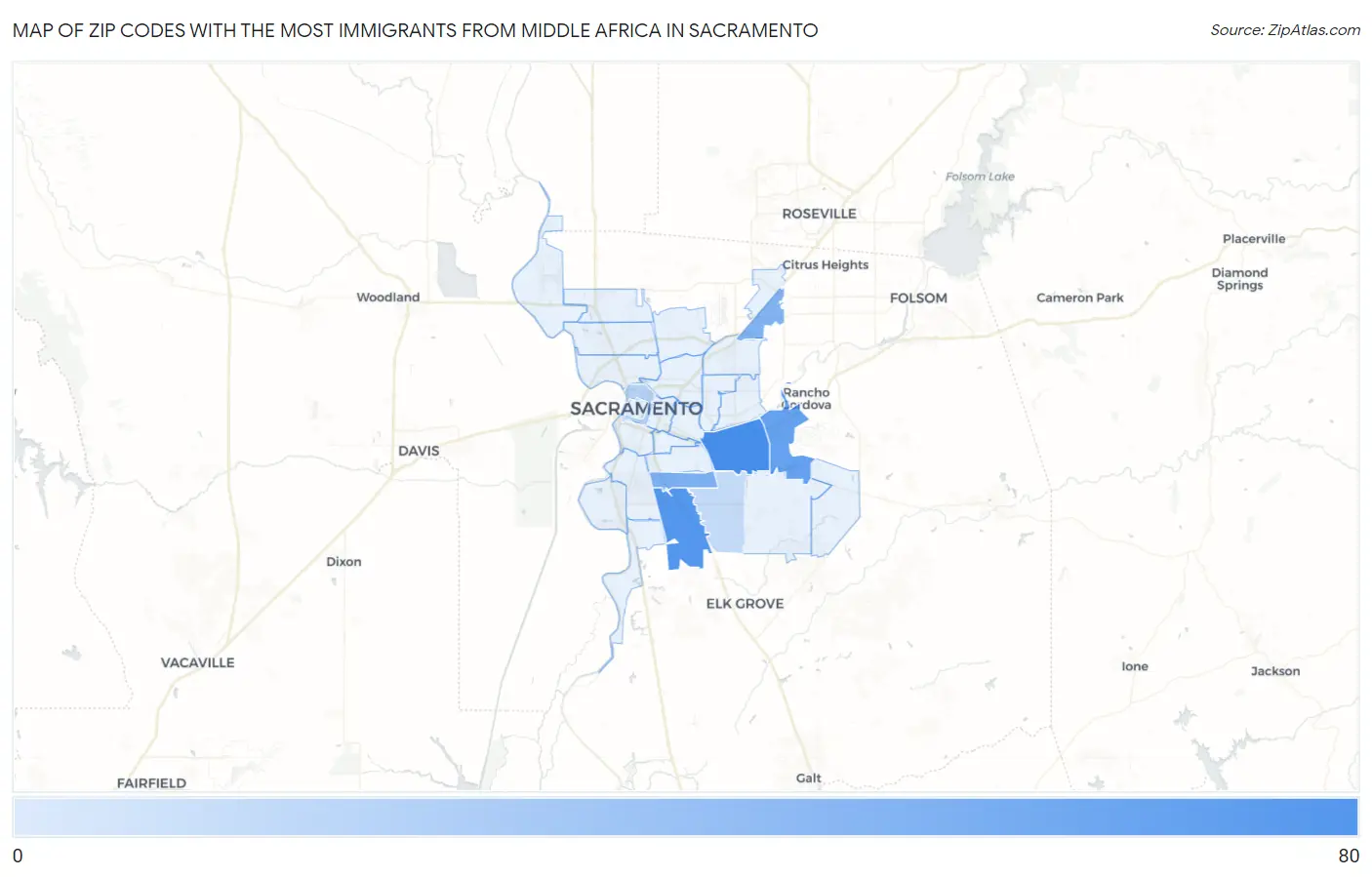 Zip Codes with the Most Immigrants from Middle Africa in Sacramento Map