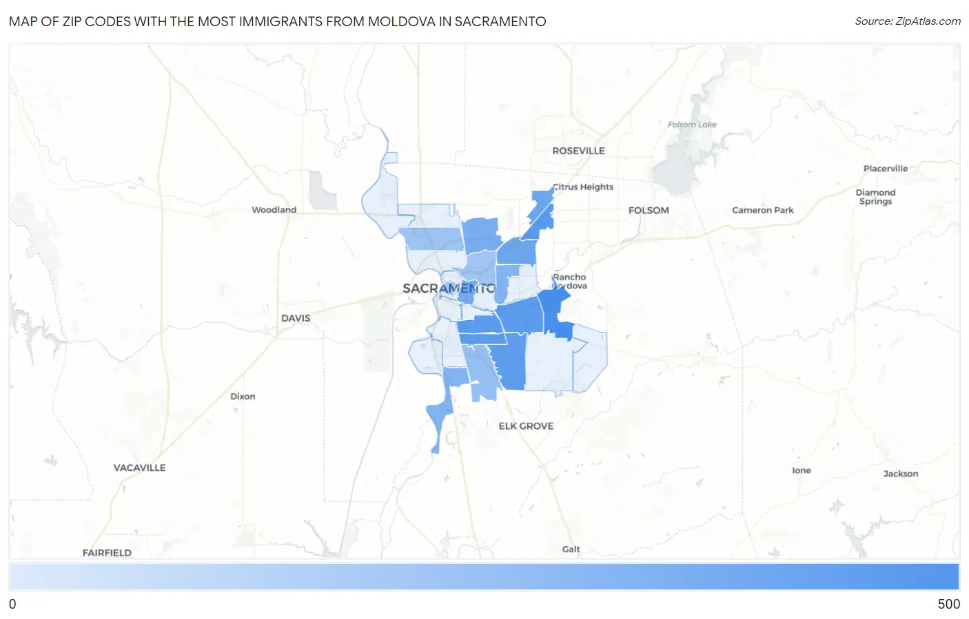 Zip Codes with the Most Immigrants from Moldova in Sacramento Map