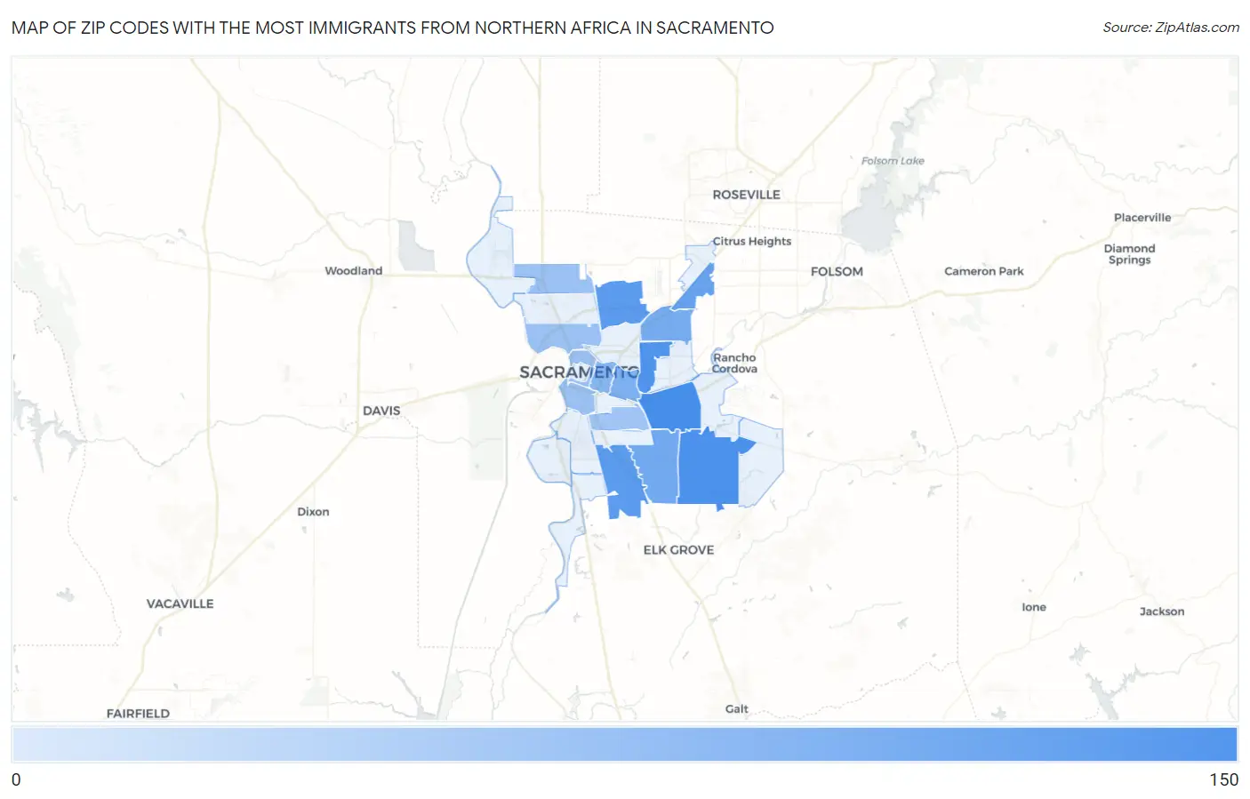 Zip Codes with the Most Immigrants from Northern Africa in Sacramento Map