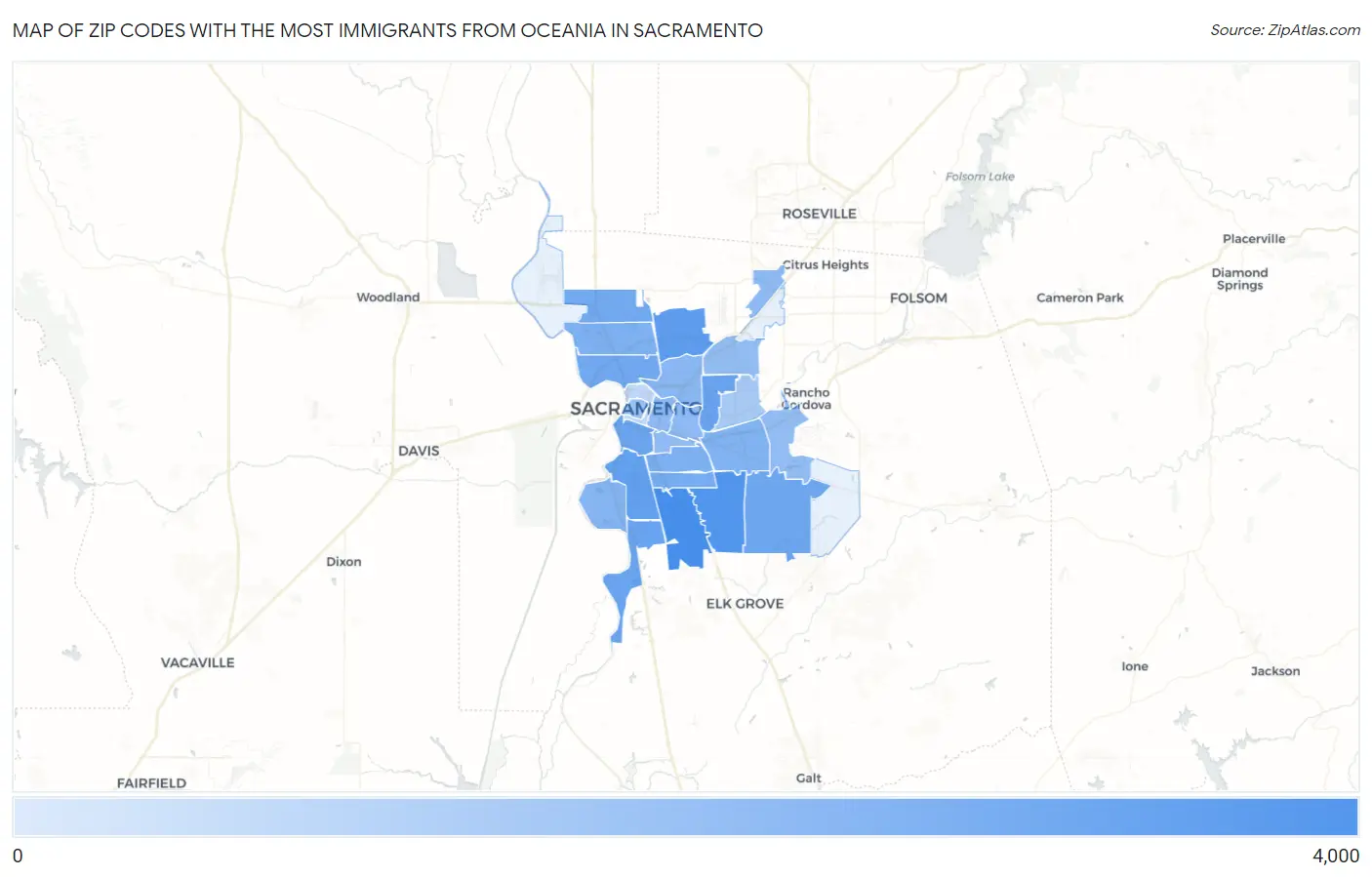 Zip Codes with the Most Immigrants from Oceania in Sacramento Map