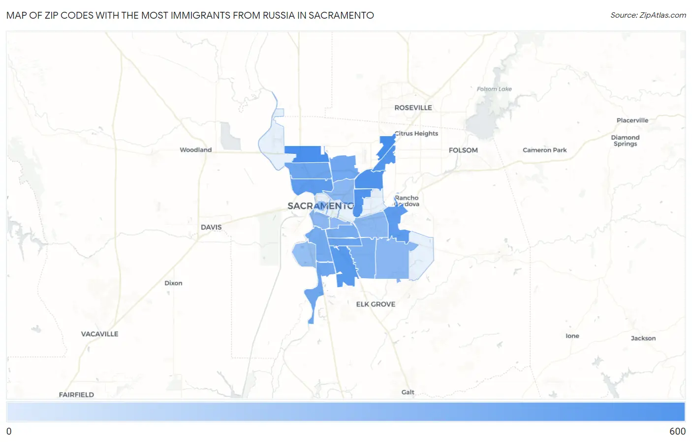 Zip Codes with the Most Immigrants from Russia in Sacramento Map