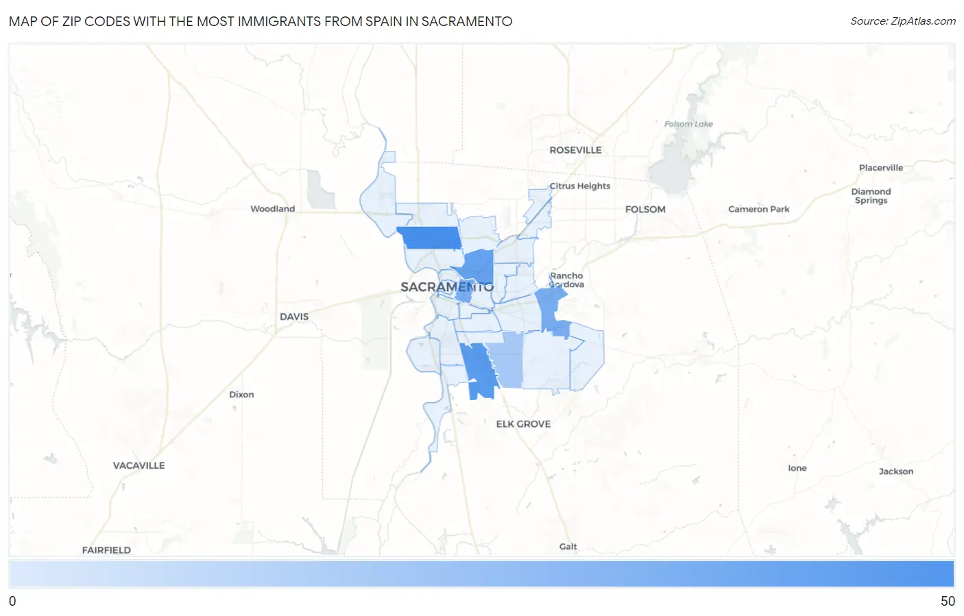 Zip Codes with the Most Immigrants from Spain in Sacramento Map