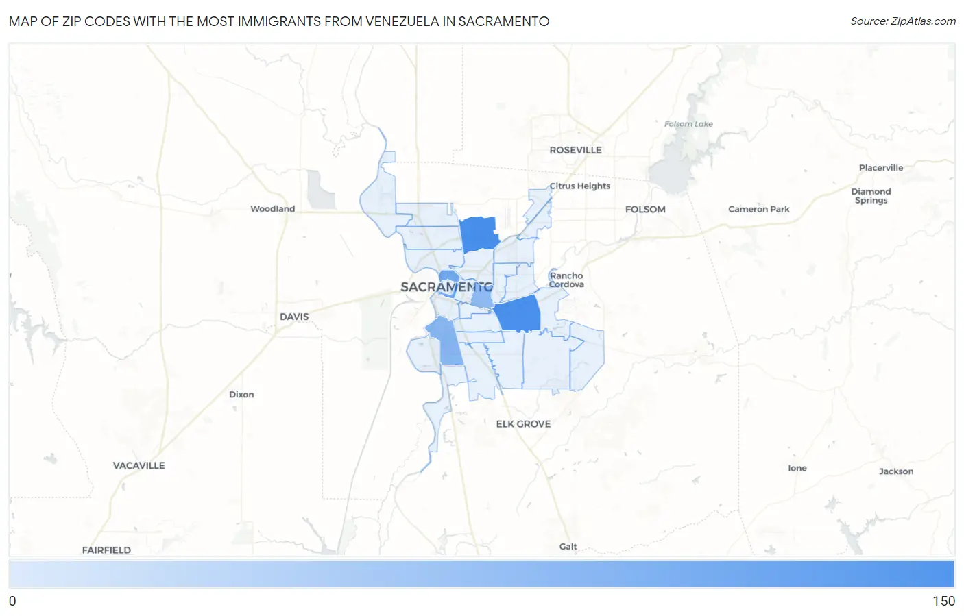 Zip Codes with the Most Immigrants from Venezuela in Sacramento Map