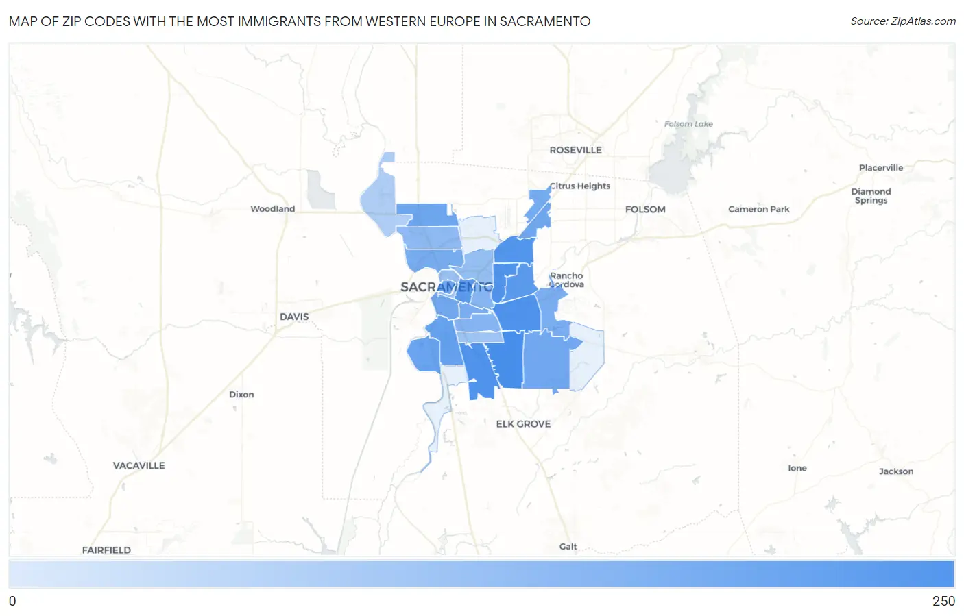 Zip Codes with the Most Immigrants from Western Europe in Sacramento Map