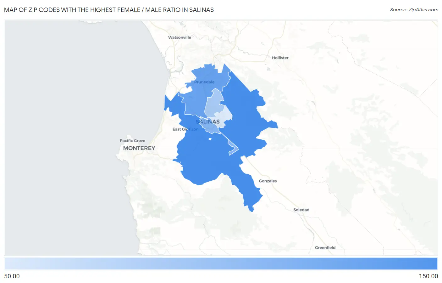 Zip Codes with the Highest Female / Male Ratio in Salinas Map