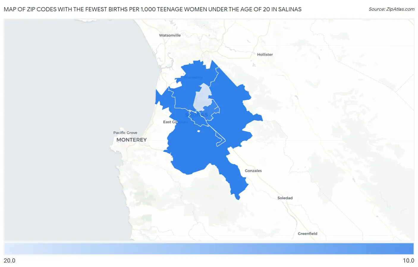 Zip Codes with the Fewest Births per 1,000 Teenage Women Under the Age of 20 in Salinas Map