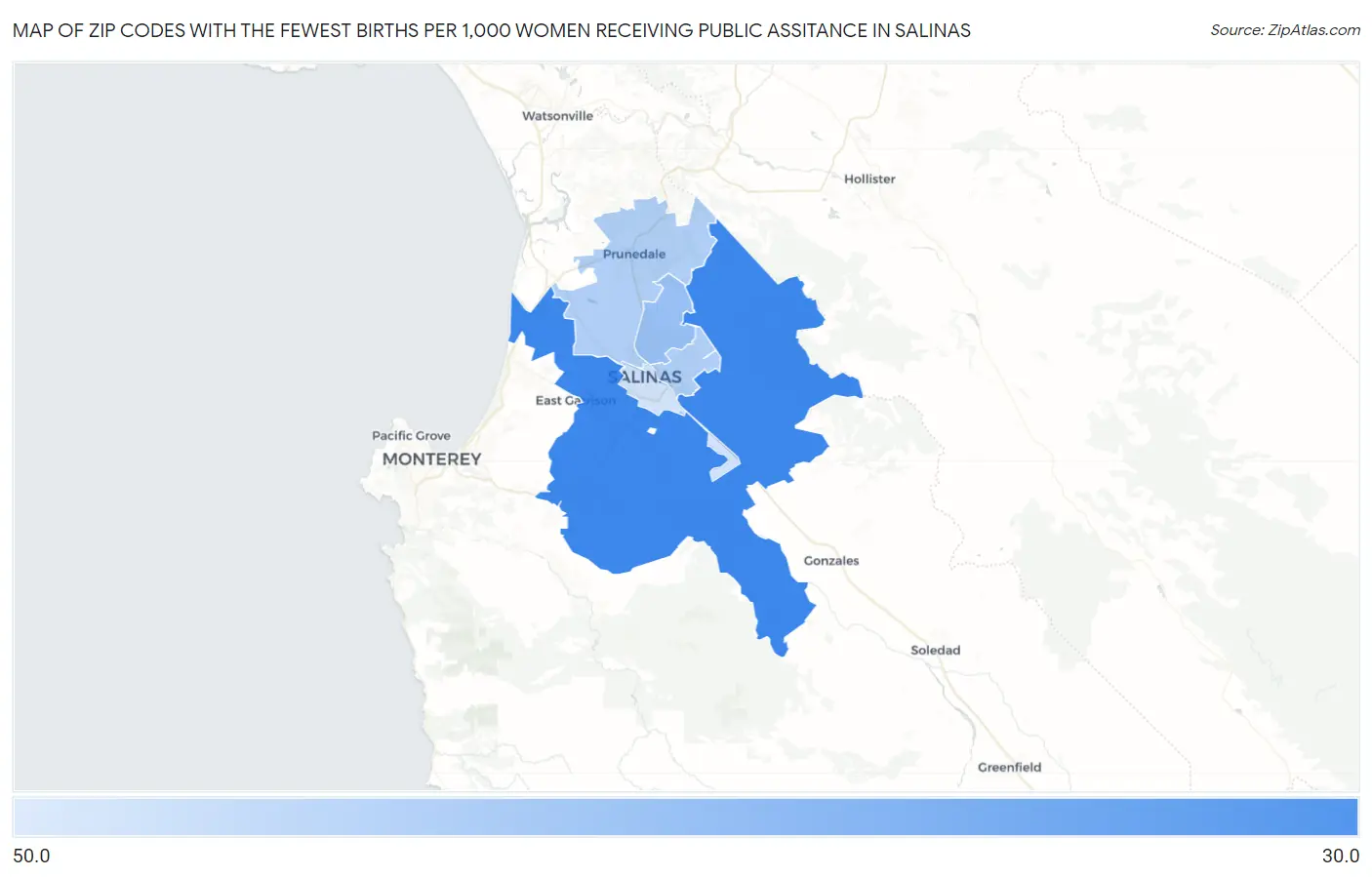 Zip Codes with the Fewest Births per 1,000 Women Receiving Public Assitance in Salinas Map