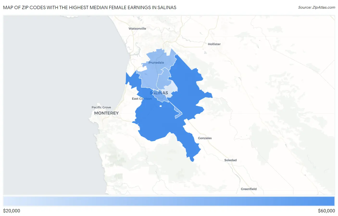 Zip Codes with the Highest Median Female Earnings in Salinas Map