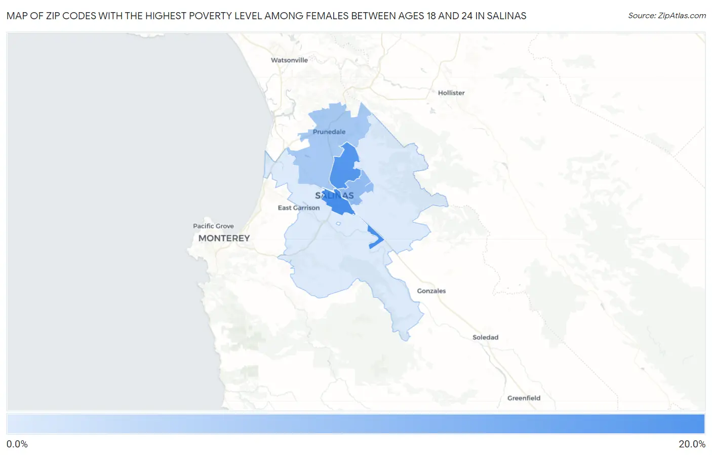 Zip Codes with the Highest Poverty Level Among Females Between Ages 18 and 24 in Salinas Map