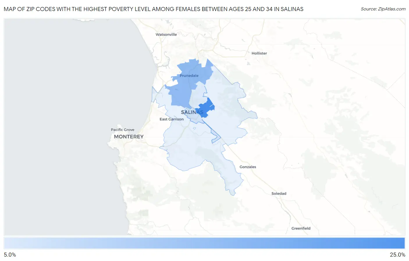 Zip Codes with the Highest Poverty Level Among Females Between Ages 25 and 34 in Salinas Map