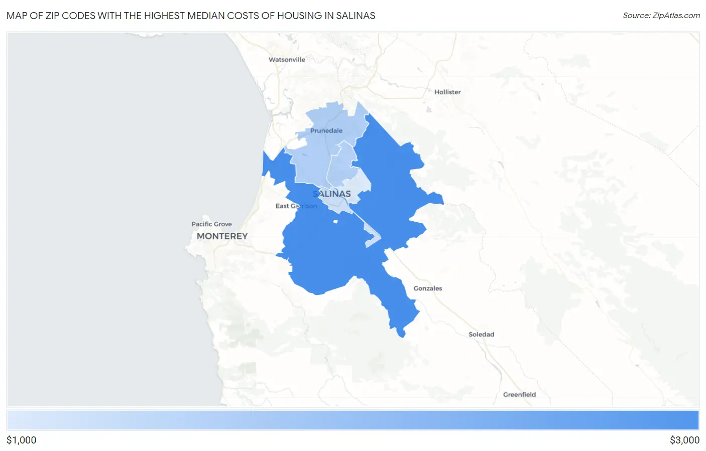 Zip Codes with the Highest Median Costs of Housing in Salinas Map