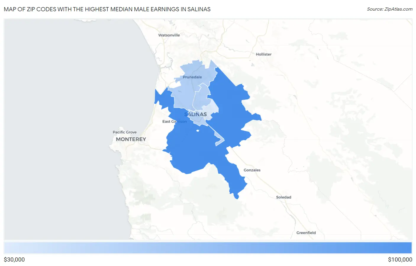 Zip Codes with the Highest Median Male Earnings in Salinas Map