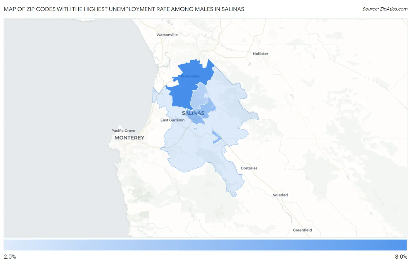 Zip Codes with the Highest Unemployment Rate Among Males in Salinas Map