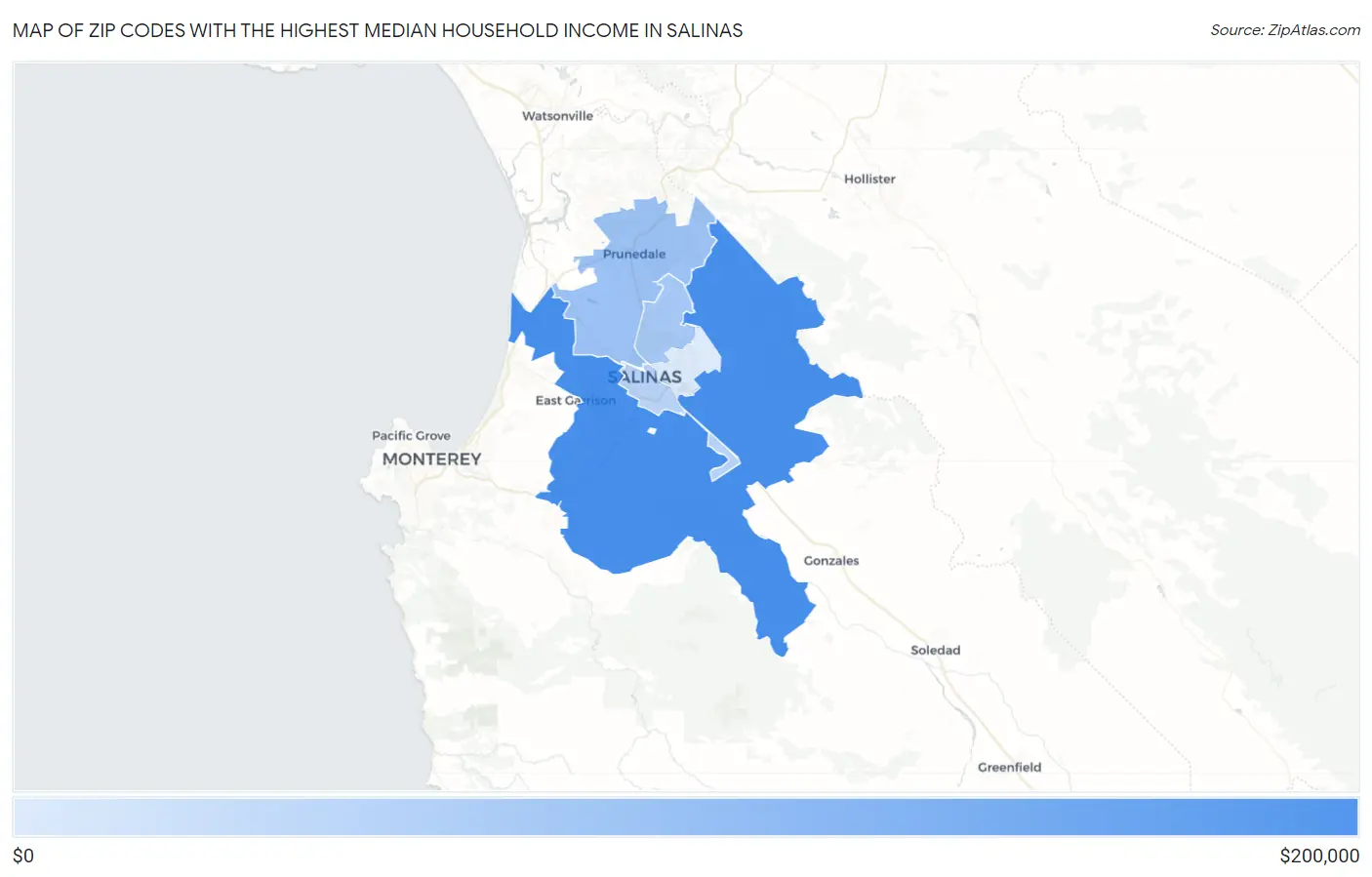 Zip Codes with the Highest Median Household Income in Salinas Map