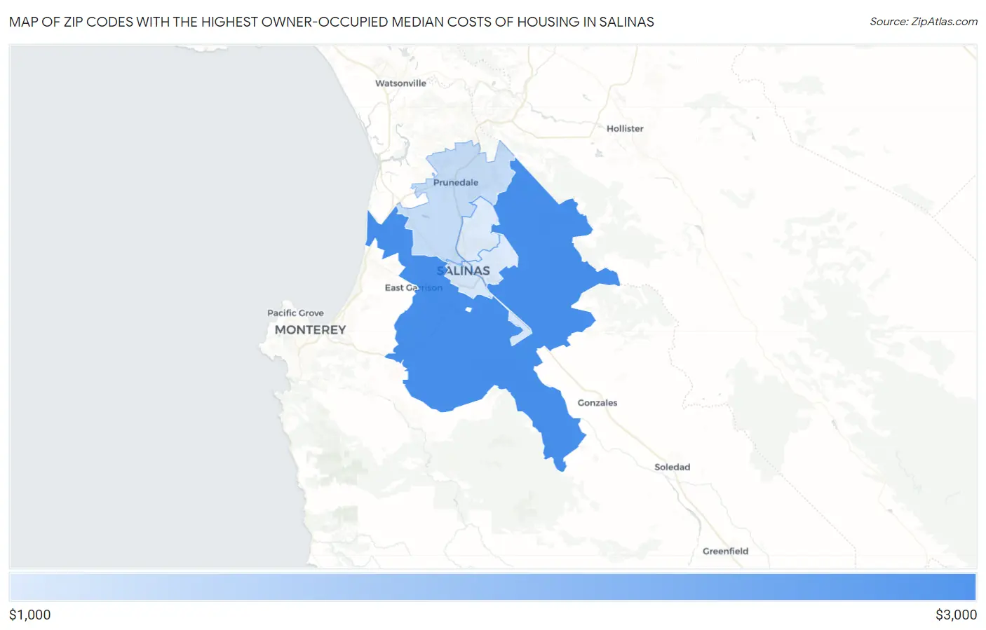 Zip Codes with the Highest Owner-Occupied Median Costs of Housing in Salinas Map
